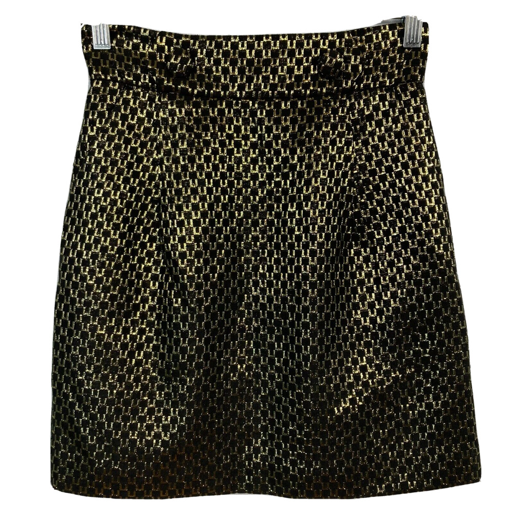 French Connection Skirt Womens Sz 4 Black Gold Metallic Mini Lined Buttons